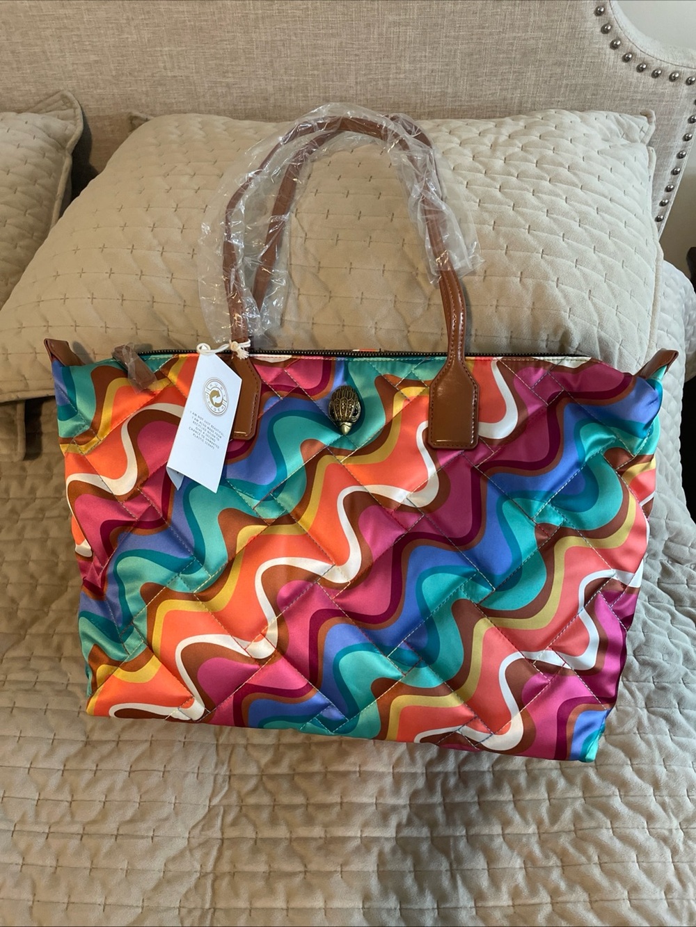 Multicolor Wave Quilted Tote with Brown Handles